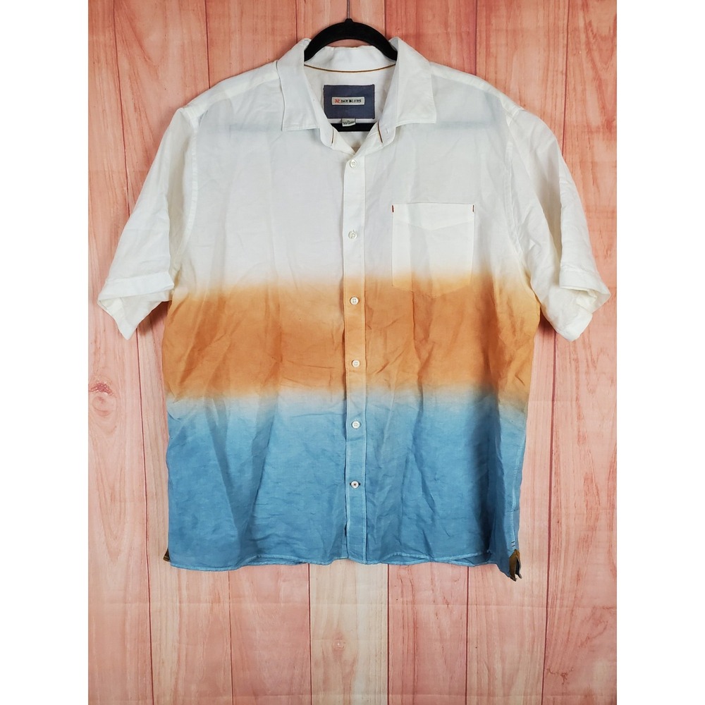 32 Bar Blues Mens Shirt Sz XL White Orange Blue Dip-Dye Short Sleeve Button Up